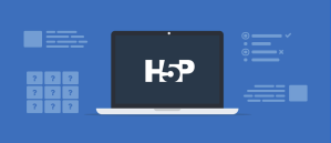 Graphic of H5P logo on a laptop screen with some graphic representation of some of the activities you can do