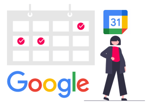Graphic of a person standing beside google calendar