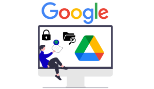 Graphic of a monitor with google drive logo and a security logo