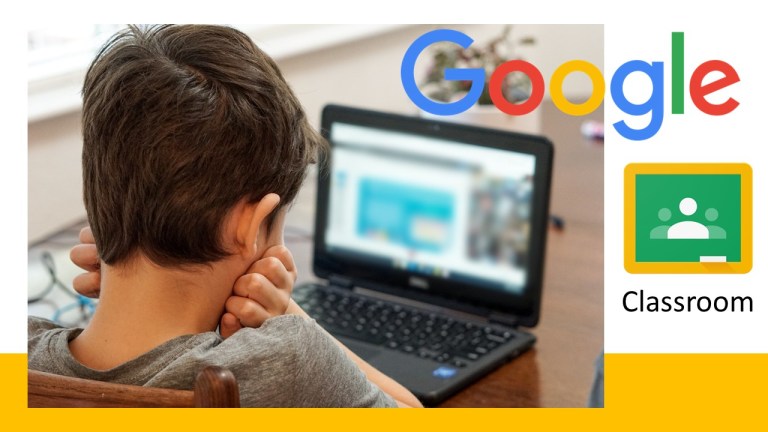 Image of a boy using Google Classroom on a laptop
