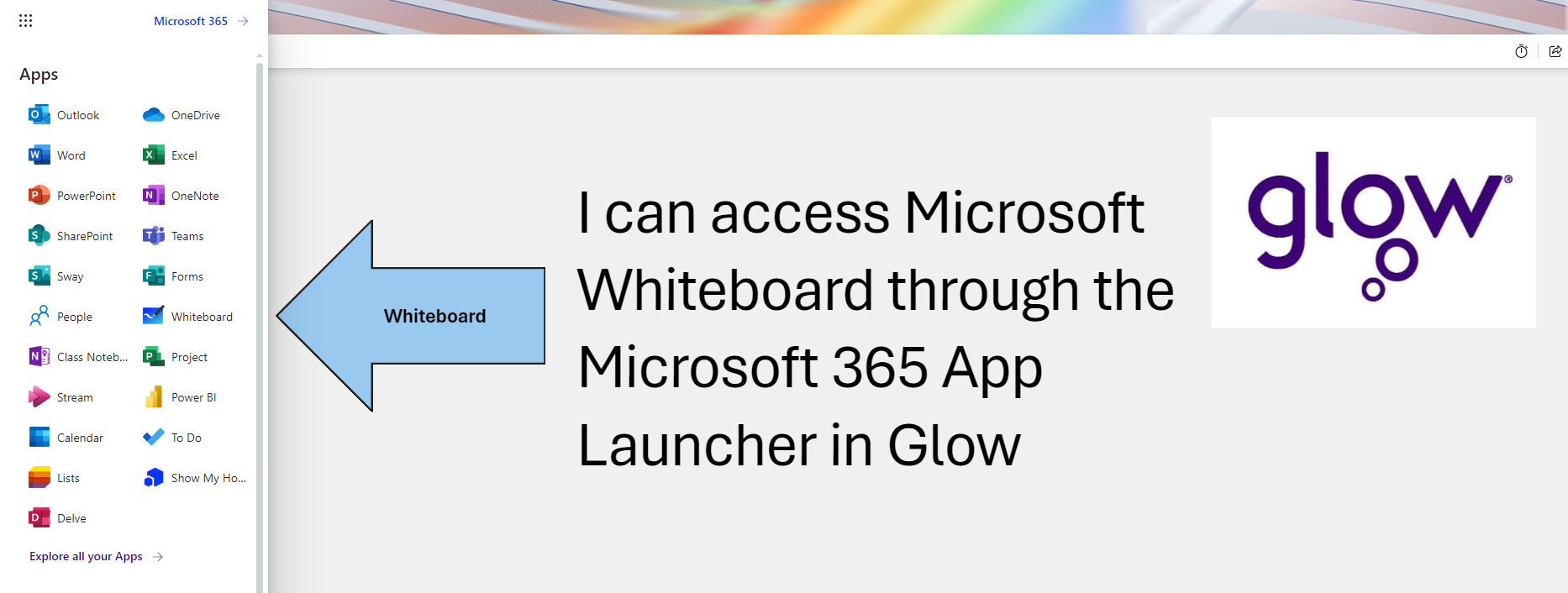 I can access Microsoft Whiteboard through the M365 app launcher. Screen shot of app launcher