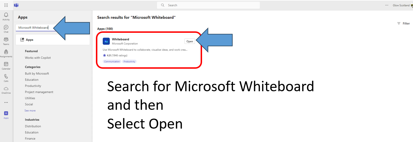 Screen shot of Search for Microsoft Whiteboard and then Select Open