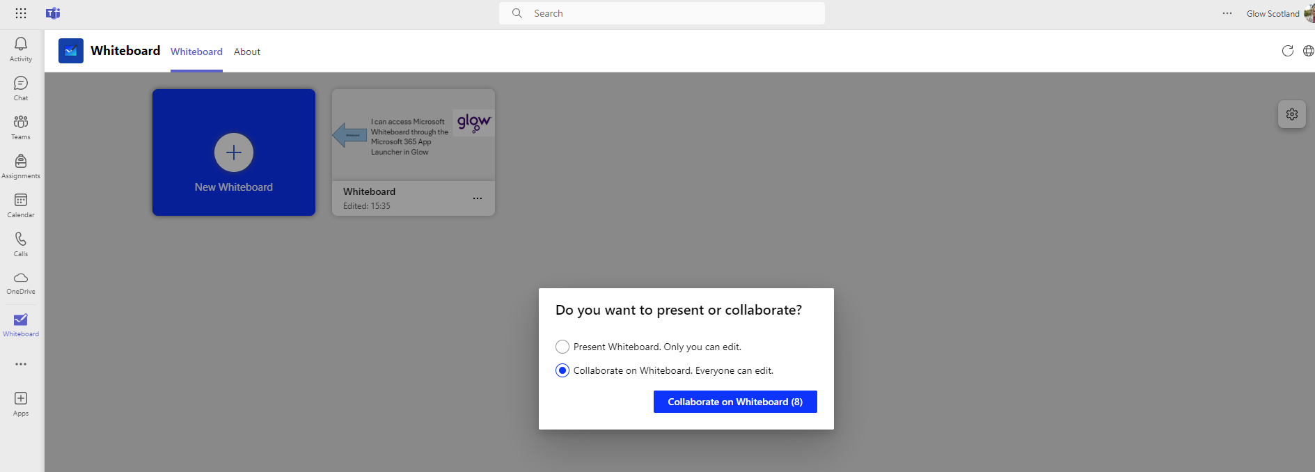 Screen shot of the present or collaborate options